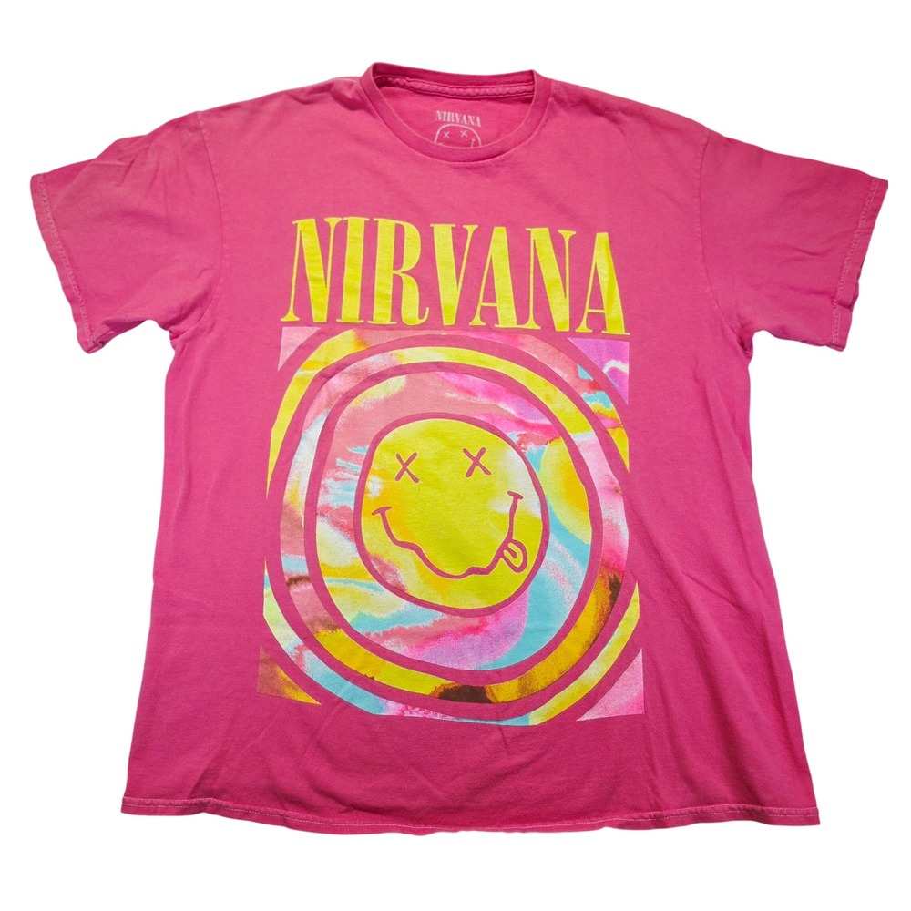Nirvana Pink Graphic Tee Smiley Face Psychedelic Logo Cotton T-Shirt Medium